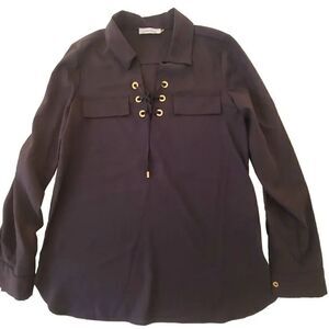 Calvin Klein Womens Black Gromit Tie V Neck Collared Roll Tab Sleeves Blouse